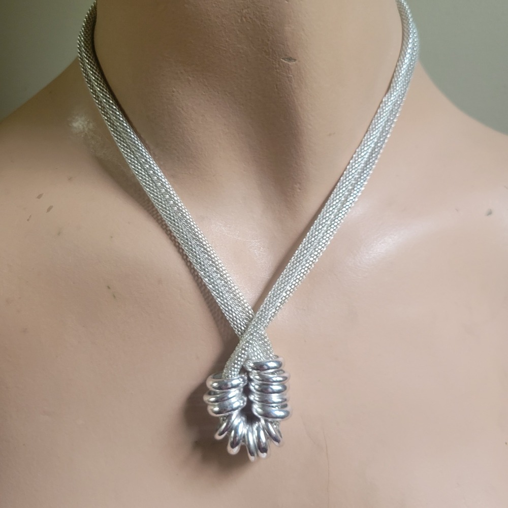 Vintage Silver Mesh Knot Statement Necklace Adjustable Size 16-19 Minimalist 90s